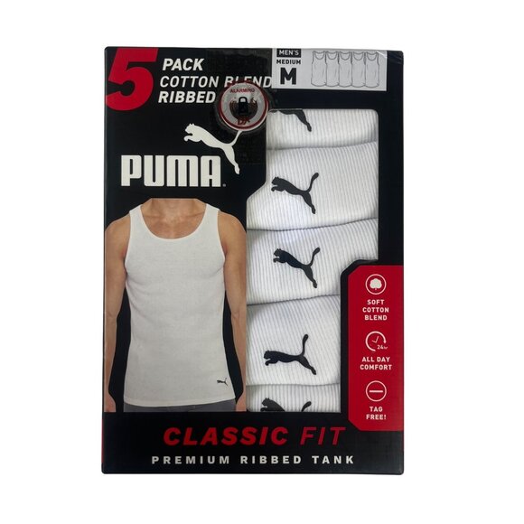 Puma 5-Pack Ribbed Tank Tops Mens Medium New Cotton Blend Classic Fit - Picture 1 of 9